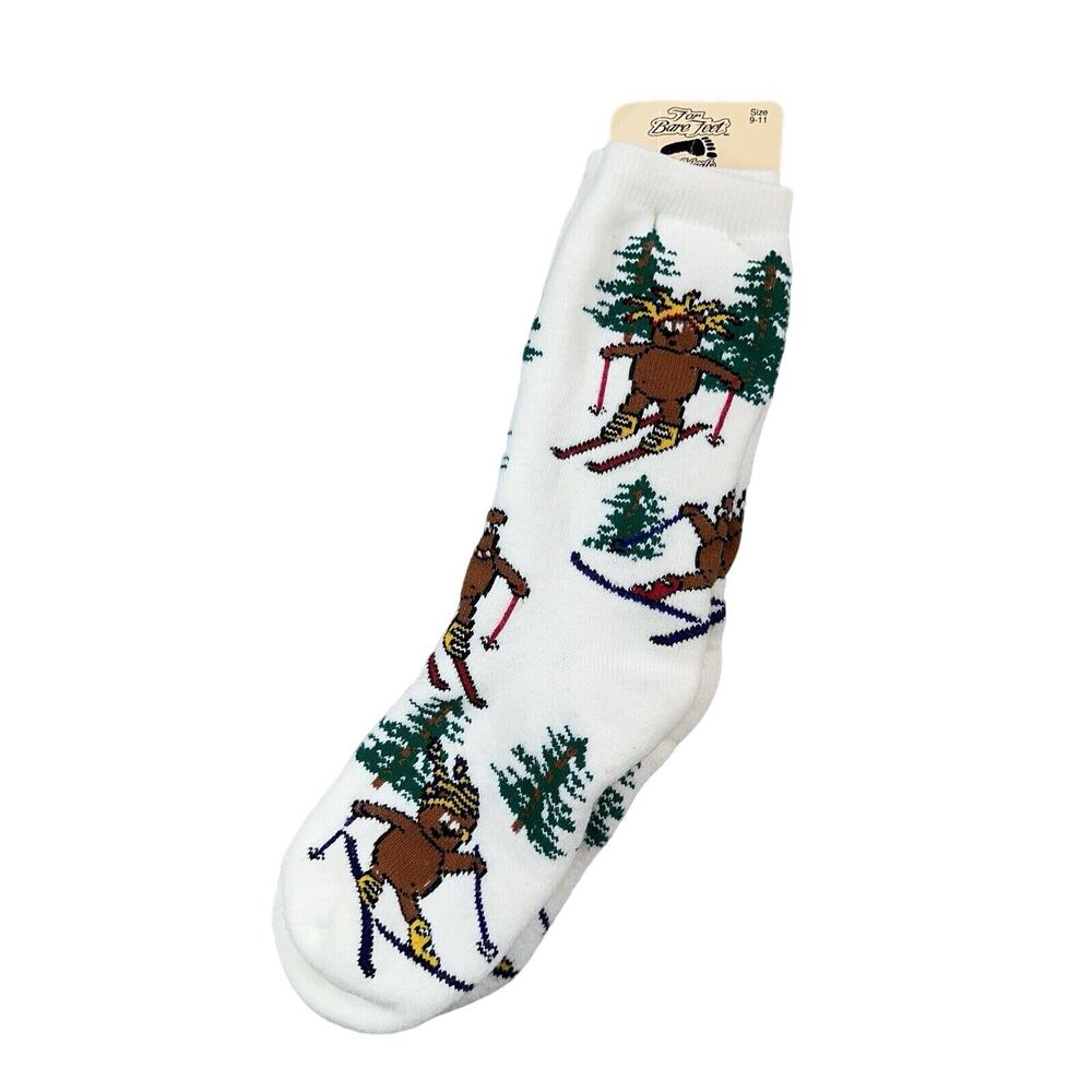 NWT For Bare Feet Bear Skiing Novelty Crew Socks Womens 9-11 Made USA Winter